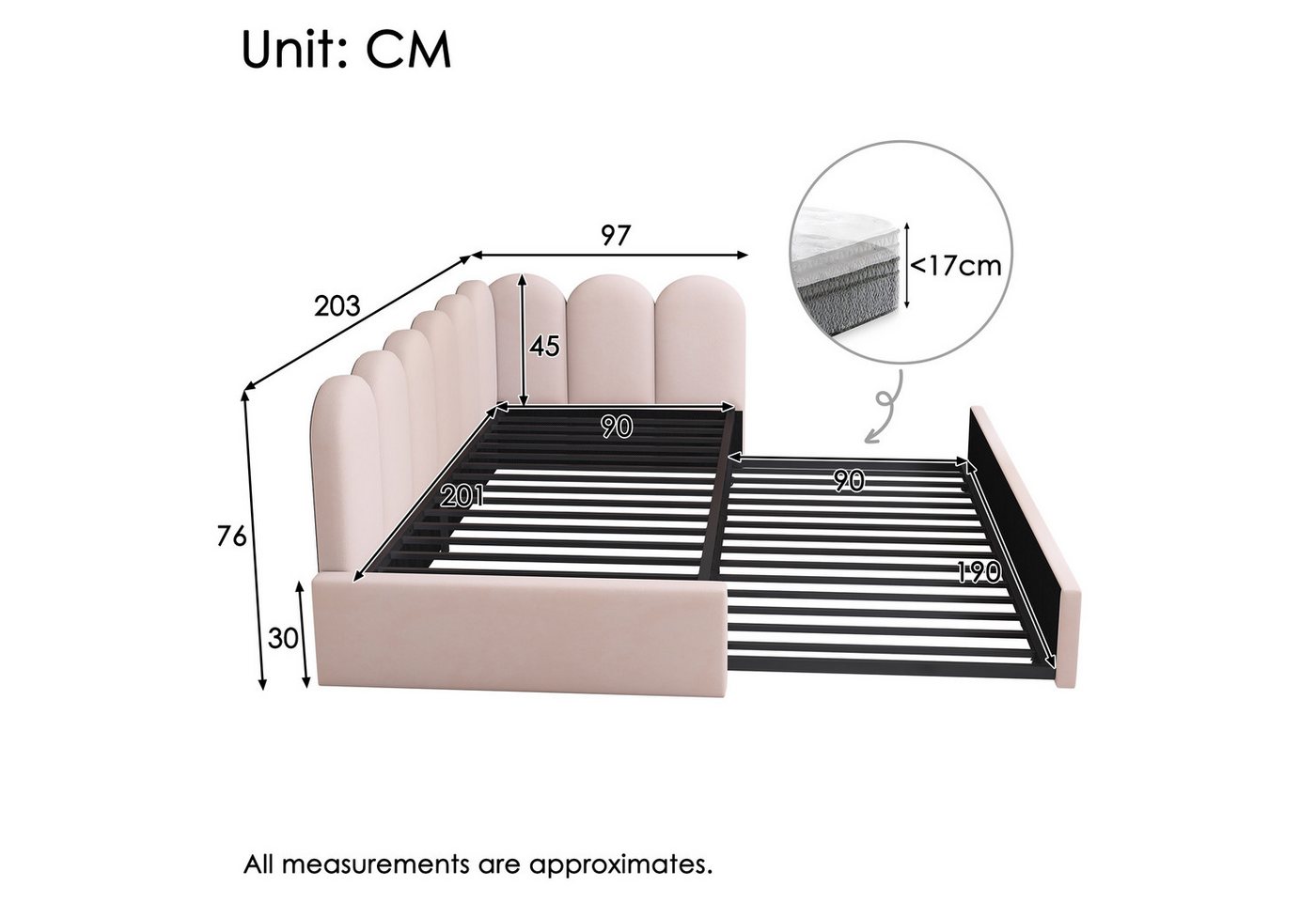 Celya Polsterbett Daybett 90x200cm,Tagesbett Schlafsofa mit Ausziehbett 90x190cm (Rosa, ohne Matratze), Kinderbett mit Lattenrost, Samt – Bild 2 von 5