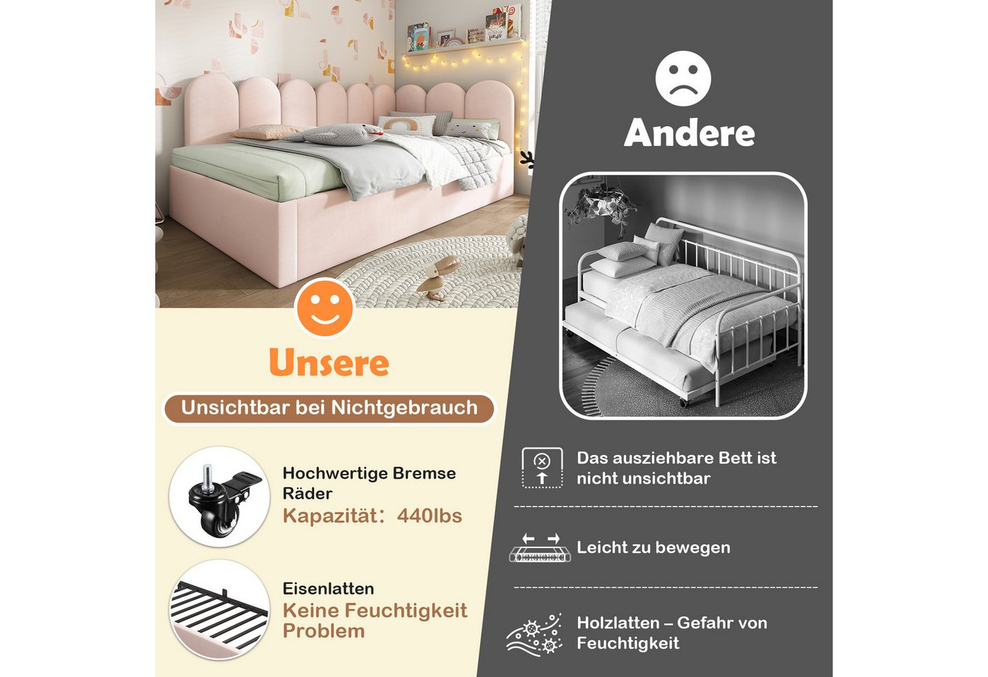 Celya Polsterbett Daybett 90x200cm,Tagesbett Schlafsofa mit Ausziehbett 90x190cm (Rosa, ohne Matratze), Kinderbett mit Lattenrost, Samt – Bild 3 von 5