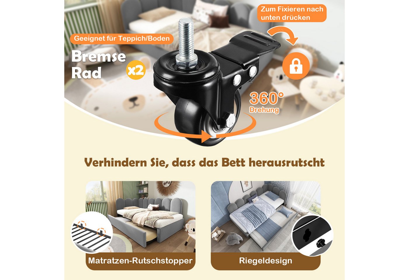 Celya Polsterbett Daybett 90x200cm,Tagesbett Schlafsofa mit Ausziehbett 90x190cm (Grau, ohne Matratze), Kinderbett mit Lattenrost, Samt – Bild 5 von 5