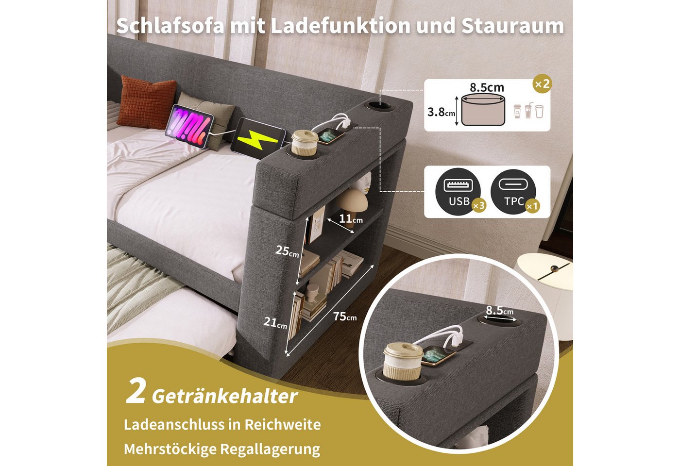 Celya Polsterbett Daybett, Einzelbett Schlafsofa mit Ausziehbett, Leinen-Mischgewebe (90x200cm, ohne Matratze), Armlehnen mit USB- & Type-C-Ladeanschluss und Ge – Bild 5 von 5