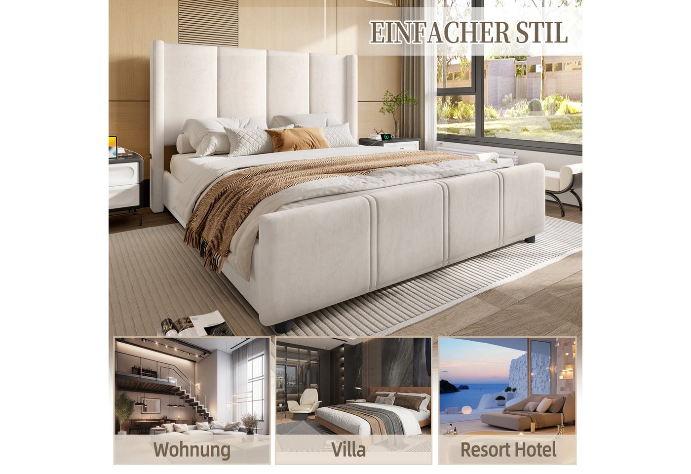 Celya Polsterbett Doppelbett, hohes Kopf- und Fußteil, zertifizierter USB-Anschluss (Ohne Matratze, Kombination aus Eisenrahmen und Holzplatte, stabil und langl – Bild 4 von 5