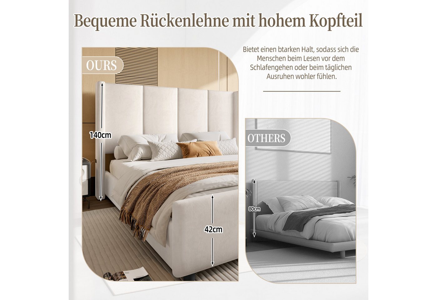 Celya Polsterbett Doppelbett, hohes Kopf- und Fußteil, zertifizierter USB-Anschluss (Ohne Matratze, Kombination aus Eisenrahmen und Holzplatte, stabil und langl – Bild 5 von 5