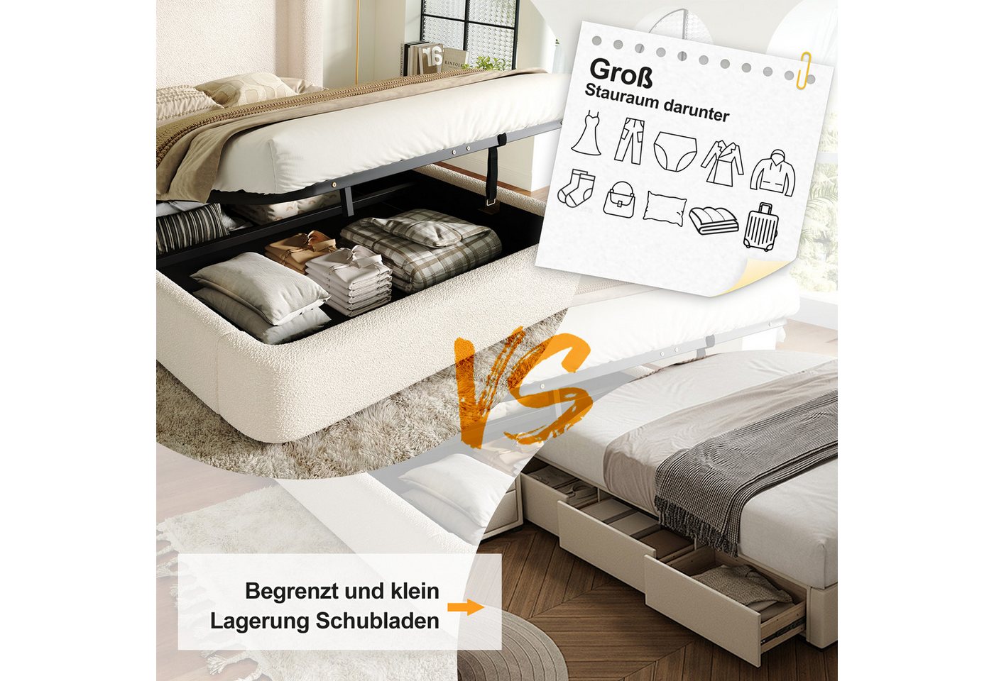 Celya Polsterbett Doppelbett,hydraulisches Funktionsbett mit Lattenrost (ohne Matratze,mit gepolstertes Kopfteil,großem Stauraum,Bouclé-Bezug) – Bild 3 von 5