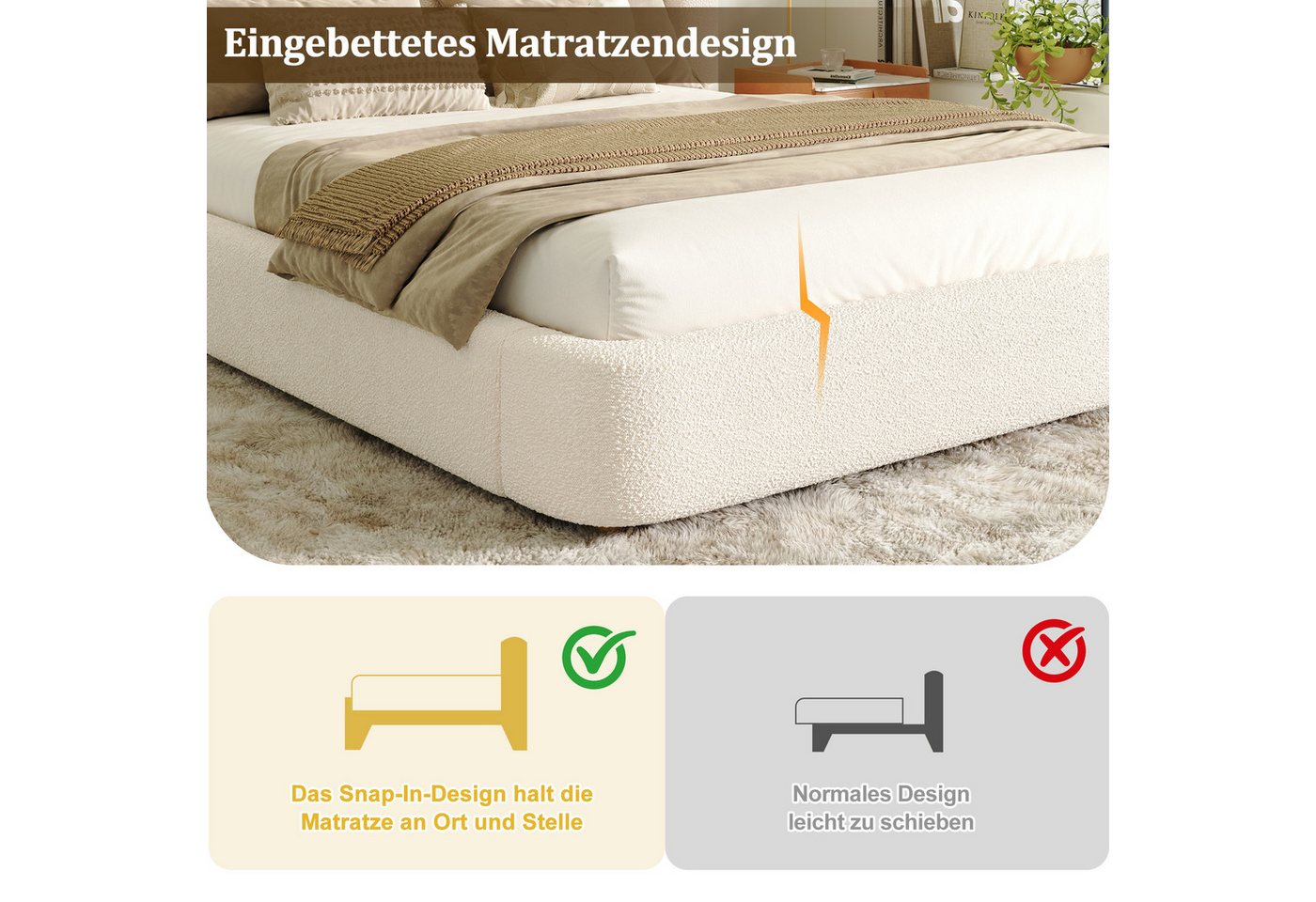 Celya Polsterbett Doppelbett,hydraulisches Funktionsbett mit Lattenrost (ohne Matratze,mit gepolstertes Kopfteil,großem Stauraum,Bouclé-Bezug) – Bild 5 von 5
