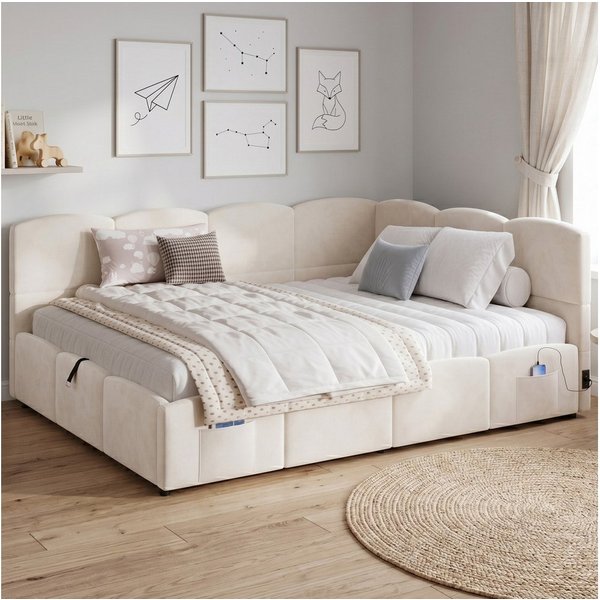 Celya Polsterbett Kinderbett, Daybett, Stauraumbett, Schlafsofa (ohne Matratze, mit Lattenrost, USB-Ladegerät, Stautasche)