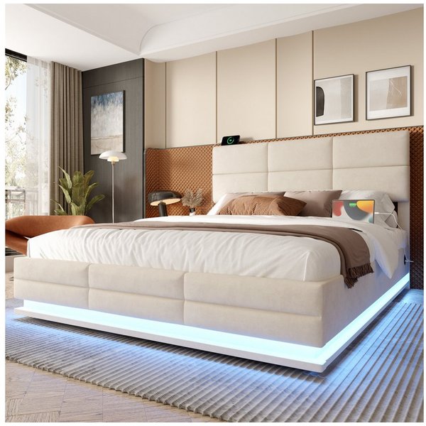 Celya Polsterbett mit höhenverstellbarem Kopfteil und LED-Ambientebeleuchtung (ohne Matratze, Inkl. USB und Type-C-Anschlüsse), mit hydraulischem Lift-System un
