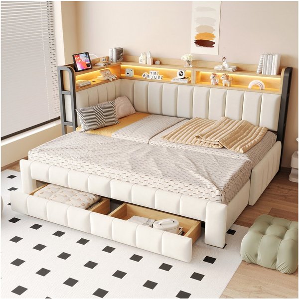 Celya Polsterbett Schlafsofa 90/180 × 200 cm Mit Ausziehbarem Bettteil und Schubladen (ohne Matratze, Mit LED-Beleuchtung, USB- und Typ-C-Anschlüssen), Mit Abla