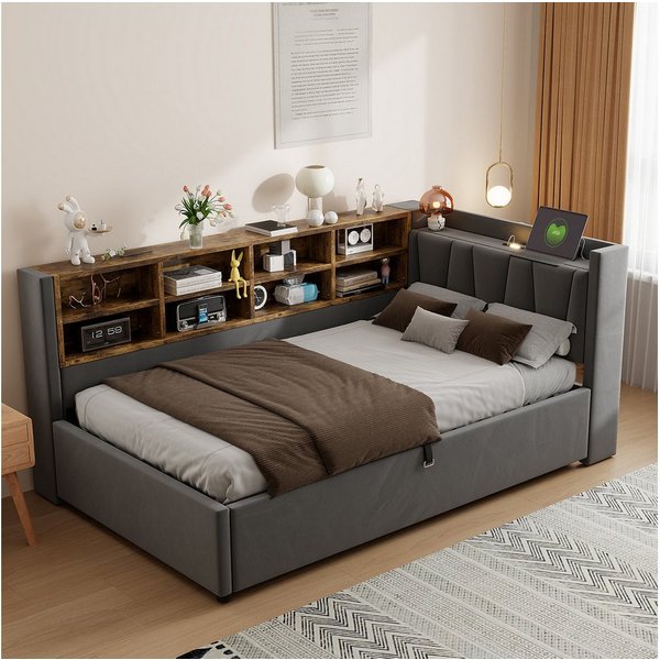 Celya Polsterbett Schlafsofa 90*200 cm, Mit Hydraulischem Stauraum (Multifunktionsbett, Samtstoff, Ohne Matratze, Mit Nachtlicht, USB- und Typ-C-Ladeanschluss),