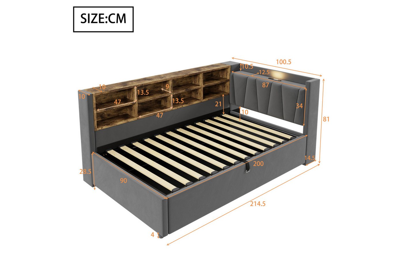 Celya Polsterbett Schlafsofa 90*200 cm, Mit Hydraulischem Stauraum (Multifunktionsbett, Samtstoff, Ohne Matratze, Mit Nachtlicht, USB- und Typ-C-Ladeanschluss), – Bild 2 von 5