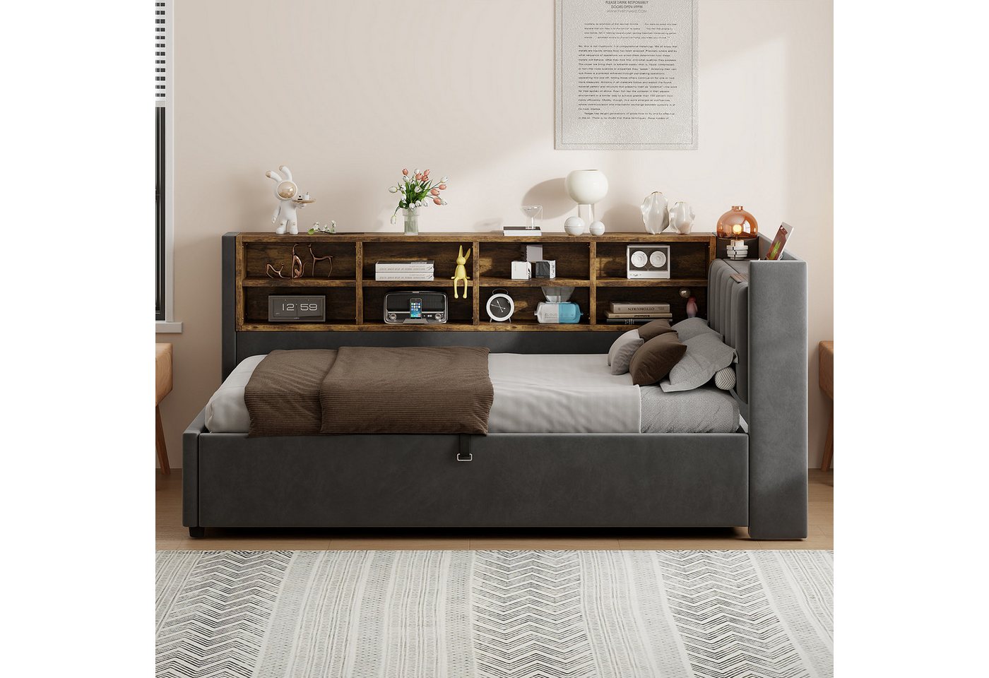 Celya Polsterbett Schlafsofa 90*200 cm, Mit Hydraulischem Stauraum (Multifunktionsbett, Samtstoff, Ohne Matratze, Mit Nachtlicht, USB- und Typ-C-Ladeanschluss), – Bild 3 von 5