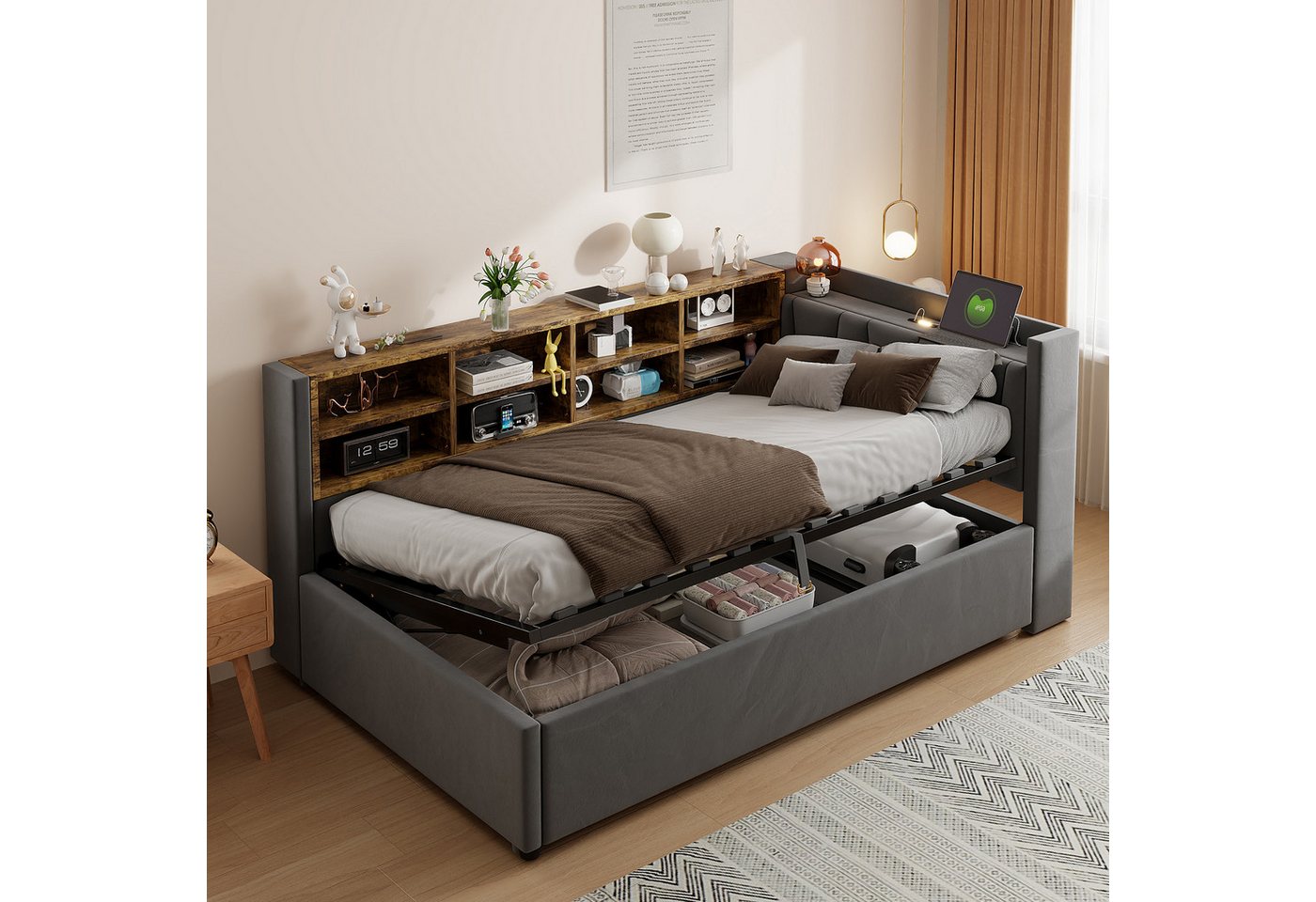 Celya Polsterbett Schlafsofa 90*200 cm, Mit Hydraulischem Stauraum (Multifunktionsbett, Samtstoff, Ohne Matratze, Mit Nachtlicht, USB- und Typ-C-Ladeanschluss), – Bild 5 von 5