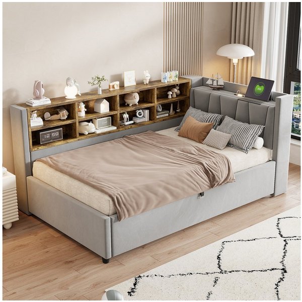Celya Polsterbett Schlafsofa 90*200 cm, Mit Hydraulischem Stauraum (Multifunktionsbett, Samtstoff, Ohne Matratze, Mit Nachtlicht, USB- und Typ-C-Ladeanschluss),
