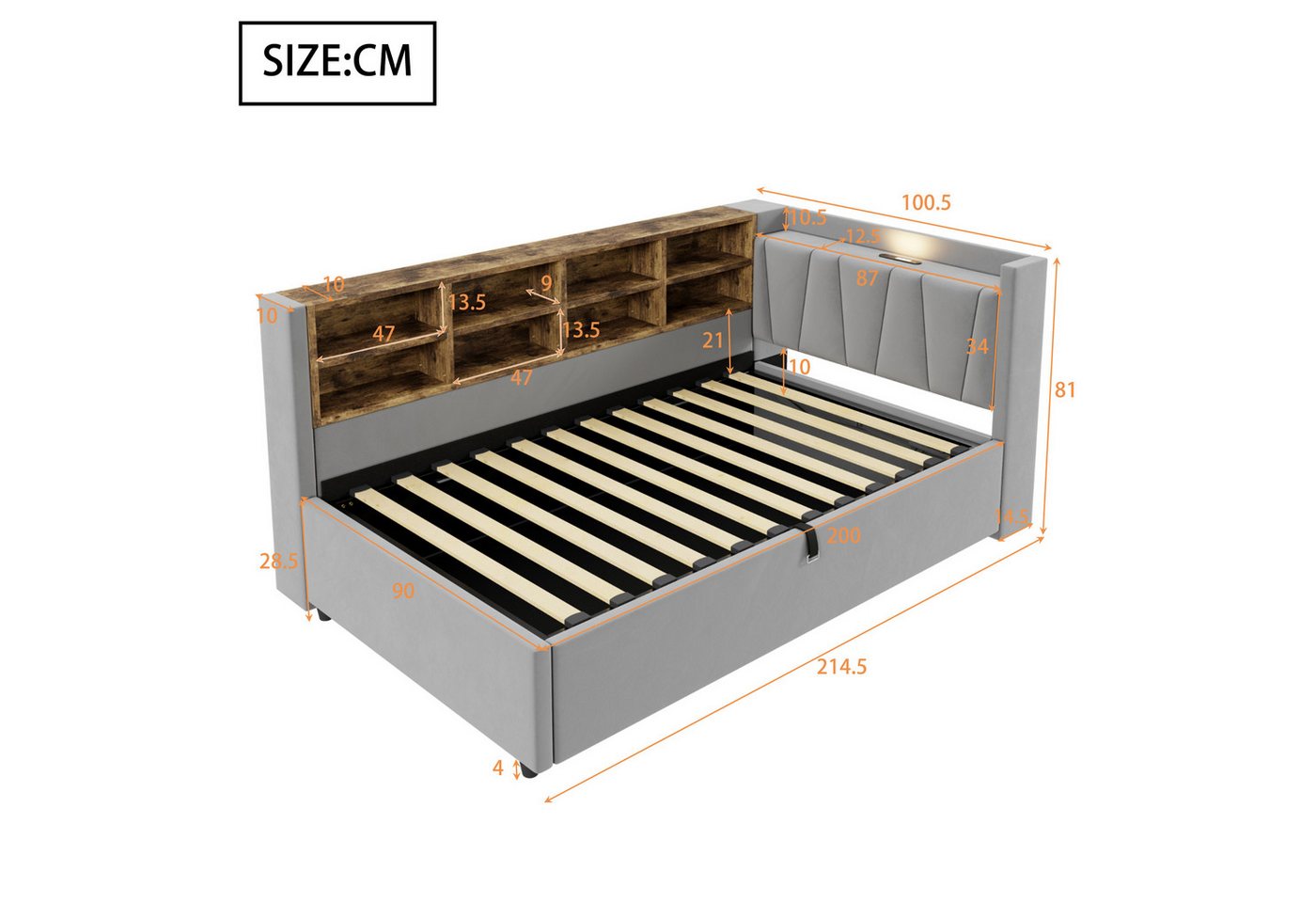 Celya Polsterbett Schlafsofa 90*200 cm, Mit Hydraulischem Stauraum (Multifunktionsbett, Samtstoff, Ohne Matratze, Mit Nachtlicht, USB- und Typ-C-Ladeanschluss), – Bild 2 von 5