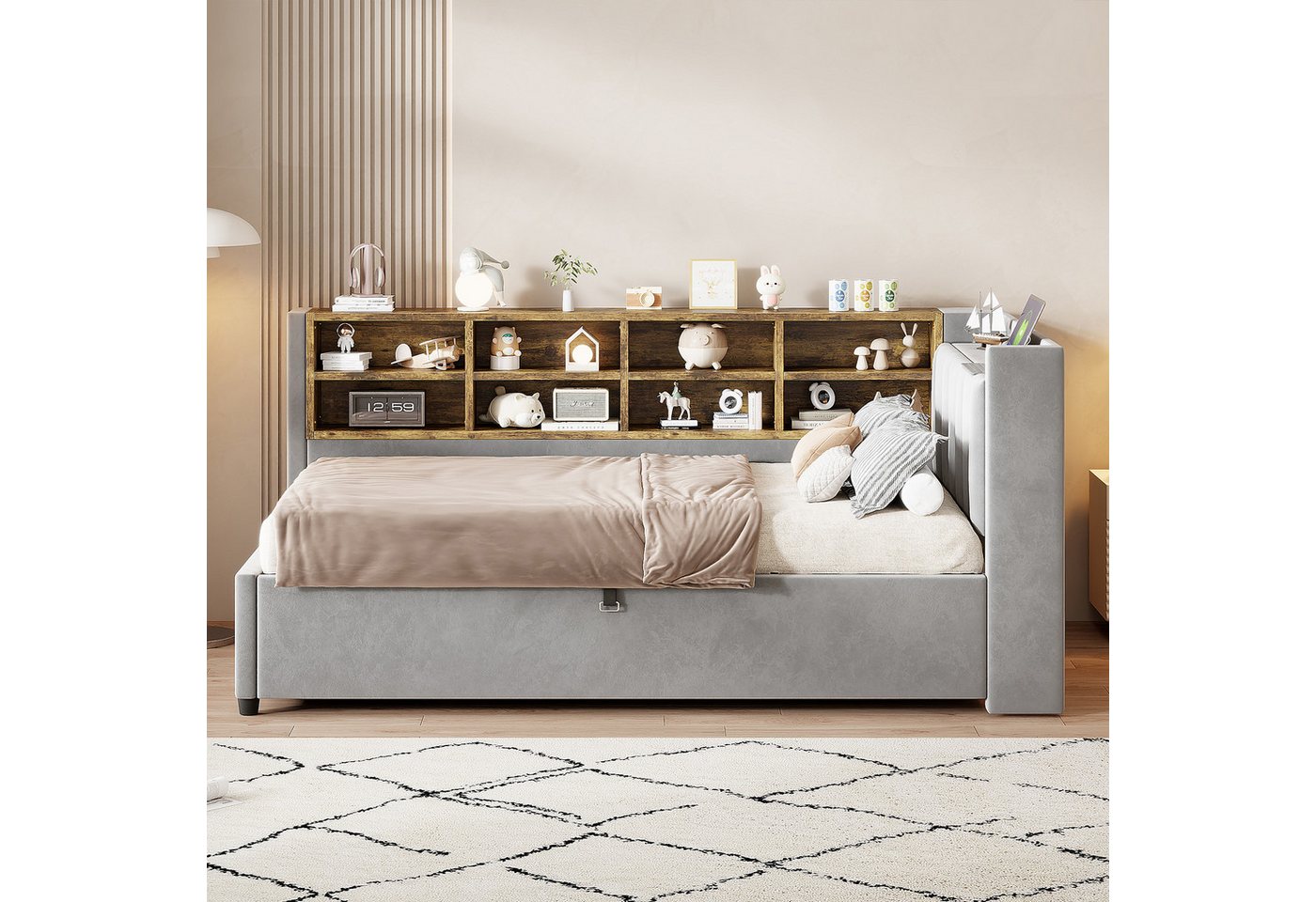 Celya Polsterbett Schlafsofa 90*200 cm, Mit Hydraulischem Stauraum (Multifunktionsbett, Samtstoff, Ohne Matratze, Mit Nachtlicht, USB- und Typ-C-Ladeanschluss), – Bild 4 von 5