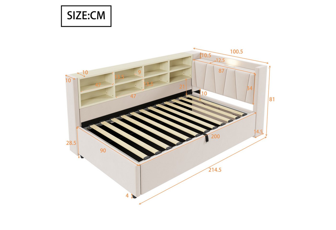 Celya Polsterbett Schlafsofa 90*200 cm, Mit Hydraulischem Stauraum (Multifunktionsbett, Samtstoff, Ohne Matratze, Mit Nachtlicht, USB- und Typ-C-Ladeanschluss), – Bild 2 von 5