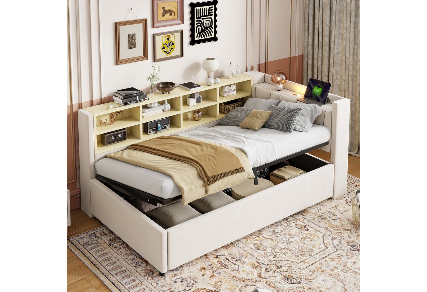 Celya Polsterbett Schlafsofa 90*200 cm, Mit Hydraulischem Stauraum (Multifunktionsbett, Samtstoff, Ohne Matratze, Mit Nachtlicht, USB- und Typ-C-Ladeanschluss), – Bild 4 von 5