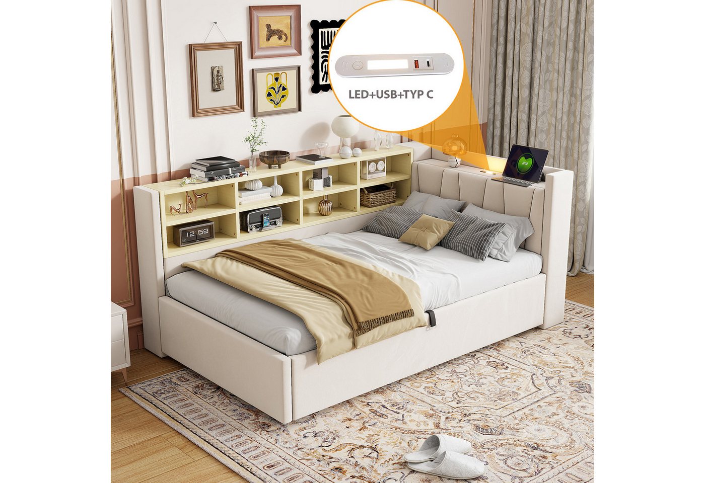 Celya Polsterbett Schlafsofa 90*200 cm, Mit Hydraulischem Stauraum (Multifunktionsbett, Samtstoff, Ohne Matratze, Mit Nachtlicht, USB- und Typ-C-Ladeanschluss), – Bild 5 von 5