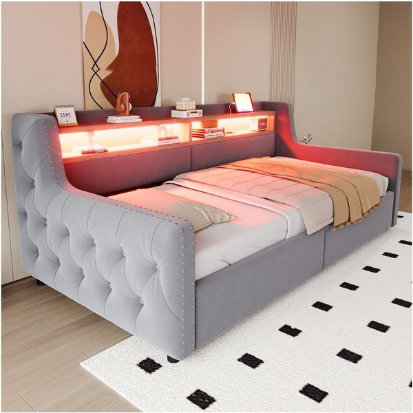 Celya Polsterbett Schlafsofa 90 x 200 cm, Mit hydraulischem Stauraum (ohne Matratze, Mit LED-Beleuchtung, Ablagefach, Steckdose und Ladeanschlus)