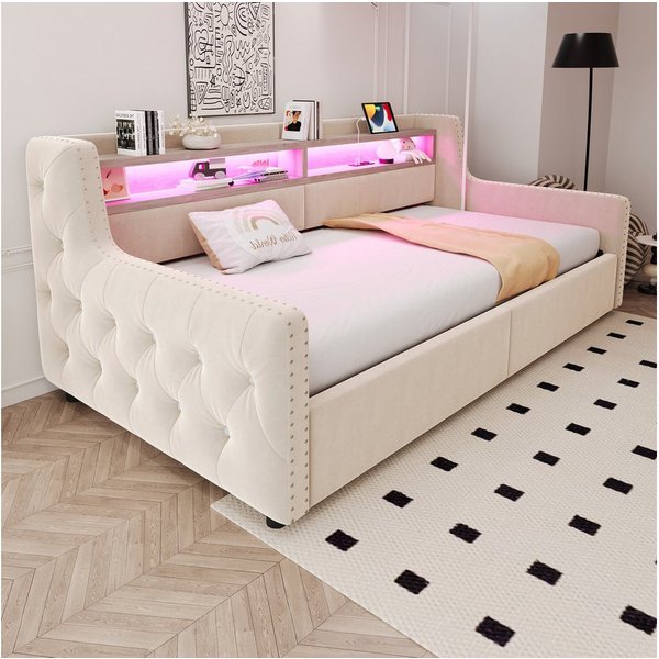 Celya Polsterbett Schlafsofa 90 x 200 cm, Mit hydraulischem Stauraum (ohne Matratze, Mit LED-Beleuchtung, Ablagefach, Steckdose und Ladeanschlus)