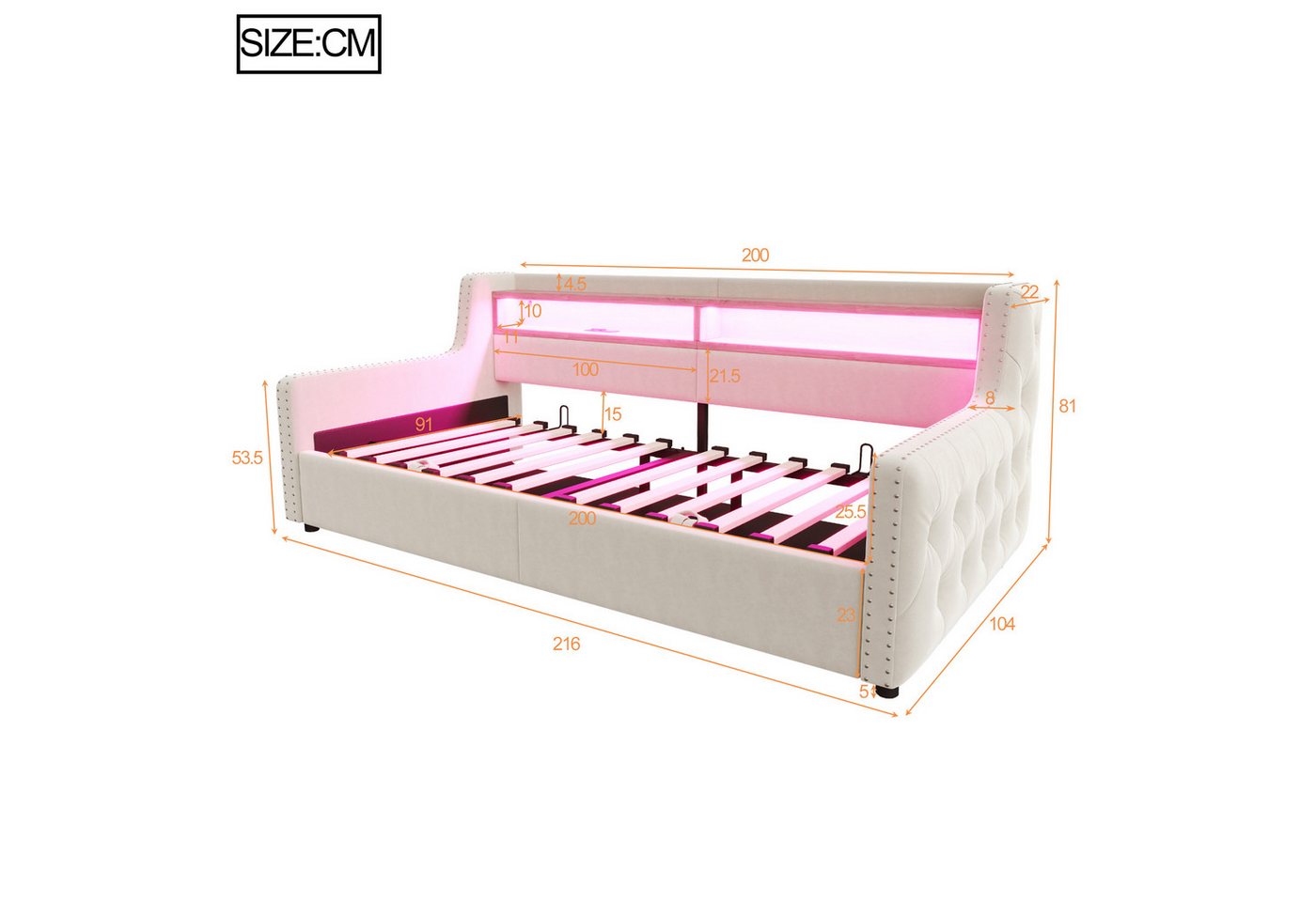 Celya Polsterbett Schlafsofa 90 x 200 cm, Mit hydraulischem Stauraum (ohne Matratze, Mit LED-Beleuchtung, Ablagefach, Steckdose und Ladeanschlus) – Bild 2 von 5