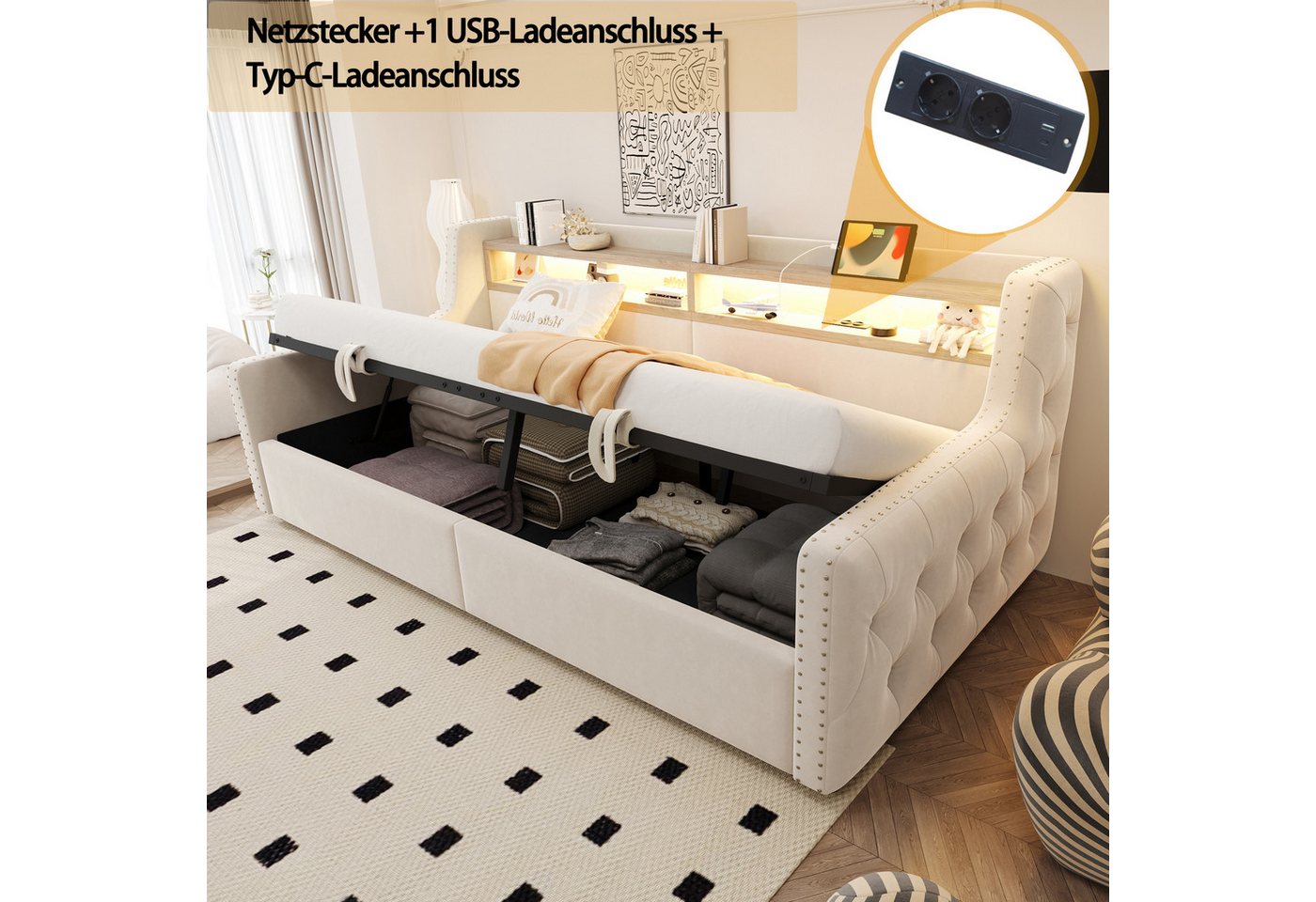 Celya Polsterbett Schlafsofa 90 x 200 cm, Mit hydraulischem Stauraum (ohne Matratze, Mit LED-Beleuchtung, Ablagefach, Steckdose und Ladeanschlus) – Bild 4 von 5