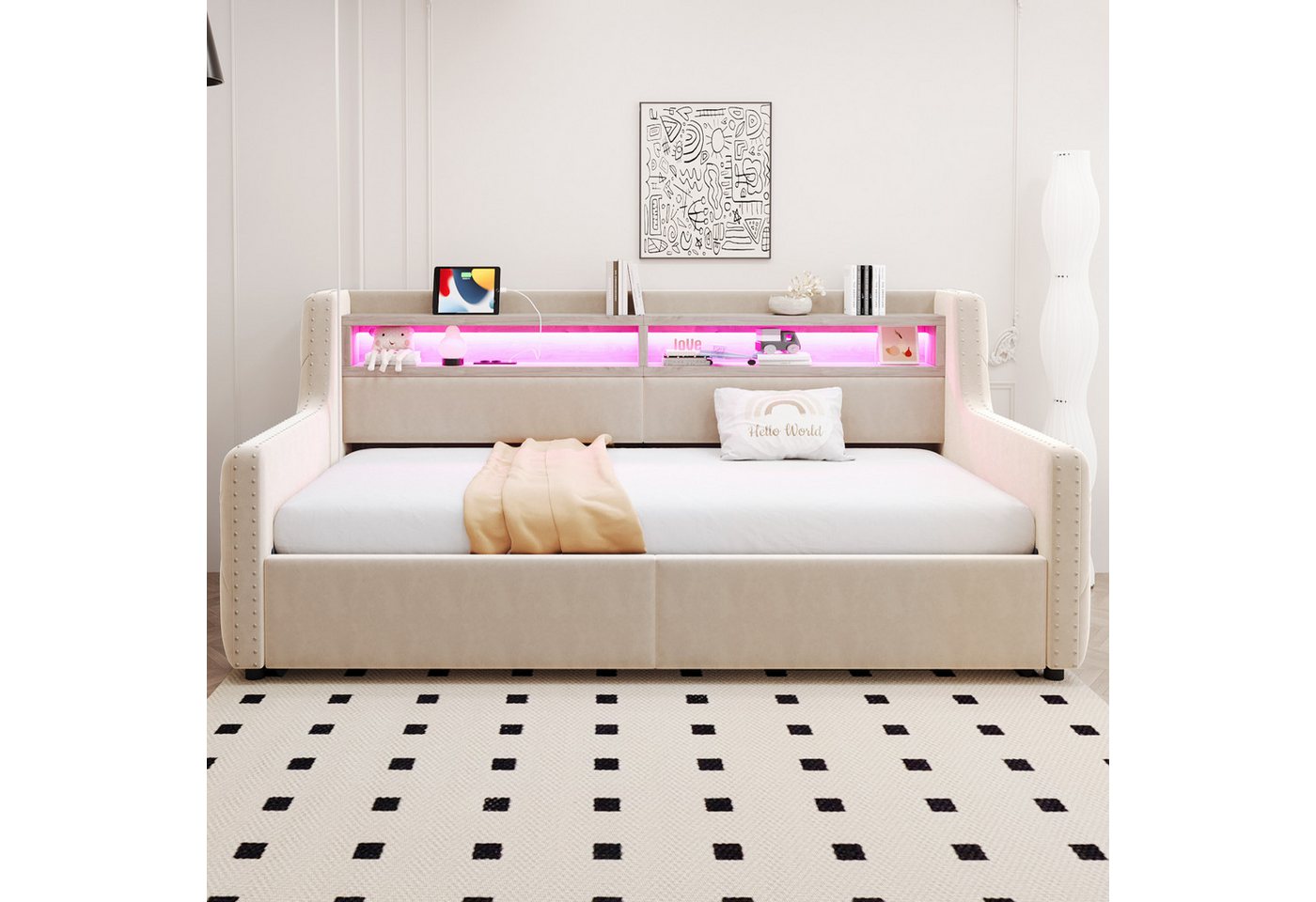 Celya Polsterbett Schlafsofa 90 x 200 cm, Mit hydraulischem Stauraum (ohne Matratze, Mit LED-Beleuchtung, Ablagefach, Steckdose und Ladeanschlus) – Bild 5 von 5