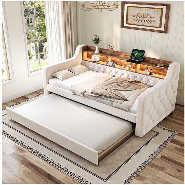 Celya Polsterbett Schlafsofa aus Samt mit Stauraum (ohne Matratze mit LED-Ambiente und USB-C-Anschluss), Ideal für Schlafzimmer, Gästezimmer oder Jugendzim