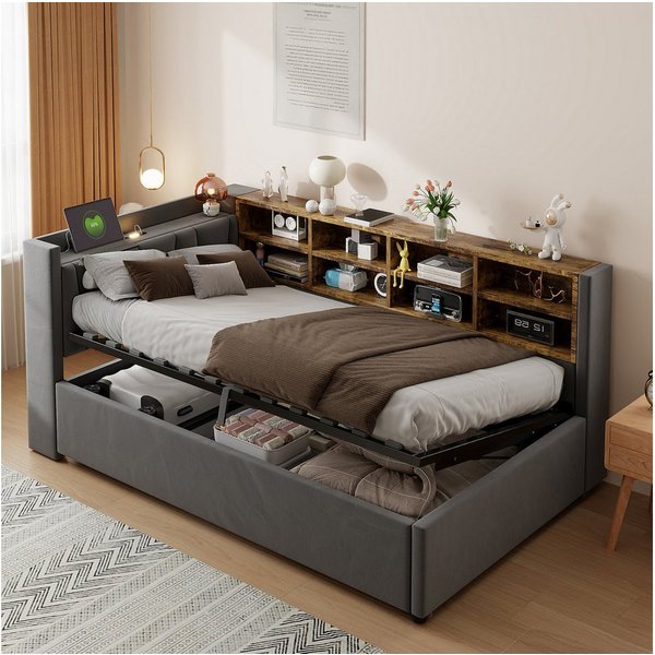 Celya Polsterbett Schlafsofa Mit Hydraulischem Stauraum,Nachtlicht,Ablagen,Staufächern (ohne Matratze, Mit USB- und Typ-C-Ladeanschluss, Gepolstertes Kopfteil),