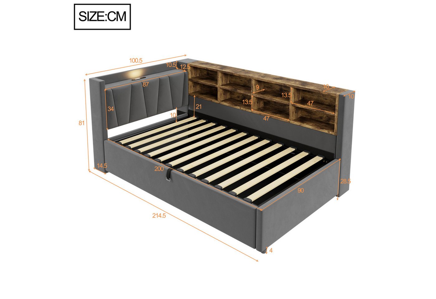 Celya Polsterbett Schlafsofa Mit Hydraulischem Stauraum,Nachtlicht,Ablagen,Staufächern (ohne Matratze, Mit USB- und Typ-C-Ladeanschluss, Gepolstertes Kopfteil), – Bild 2 von 5