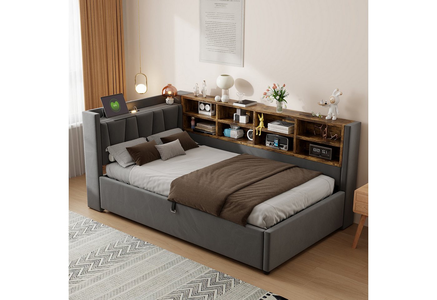 Celya Polsterbett Schlafsofa Mit Hydraulischem Stauraum,Nachtlicht,Ablagen,Staufächern (ohne Matratze, Mit USB- und Typ-C-Ladeanschluss, Gepolstertes Kopfteil), – Bild 3 von 5