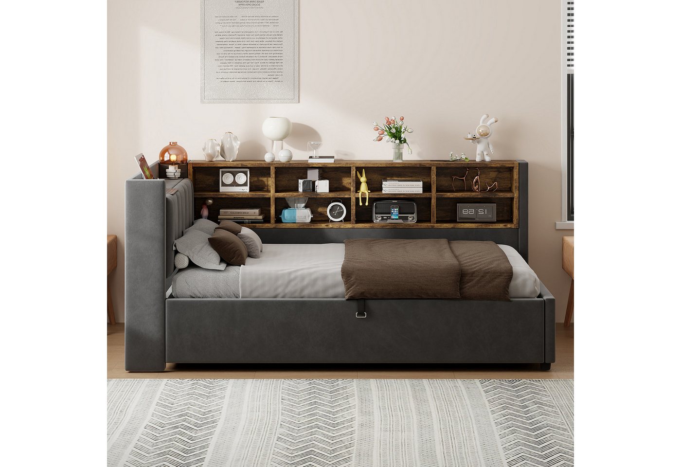 Celya Polsterbett Schlafsofa Mit Hydraulischem Stauraum,Nachtlicht,Ablagen,Staufächern (ohne Matratze, Mit USB- und Typ-C-Ladeanschluss, Gepolstertes Kopfteil), – Bild 4 von 5