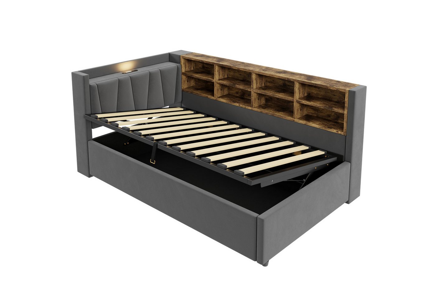 Celya Polsterbett Schlafsofa Mit Hydraulischem Stauraum,Nachtlicht,Ablagen,Staufächern (ohne Matratze, Mit USB- und Typ-C-Ladeanschluss, Gepolstertes Kopfteil), – Bild 5 von 5