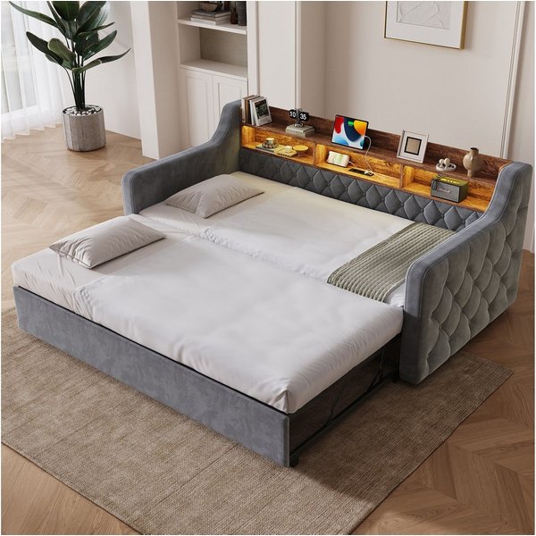 Celya Polsterbett Schlafsofa Samt-Sofabett 90x190 cm mit Ausziehbett, LED-Beleuchtung (ohne Matratze, mit Stauraum-Holzkopfteil, USB- und Type-C-Anschluss)