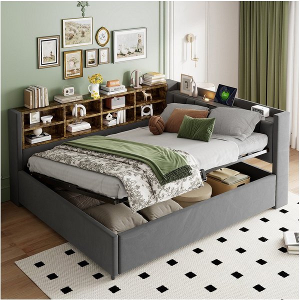 Celya Schlafsofa Schlafsofa 140*200 cm, Mit Hydraulischem Stauraum, Mit Nachtlicht, Ohne Matratze, USB- und Typ-C-Ladeanschluss, Mit Ablagen und Staufächern