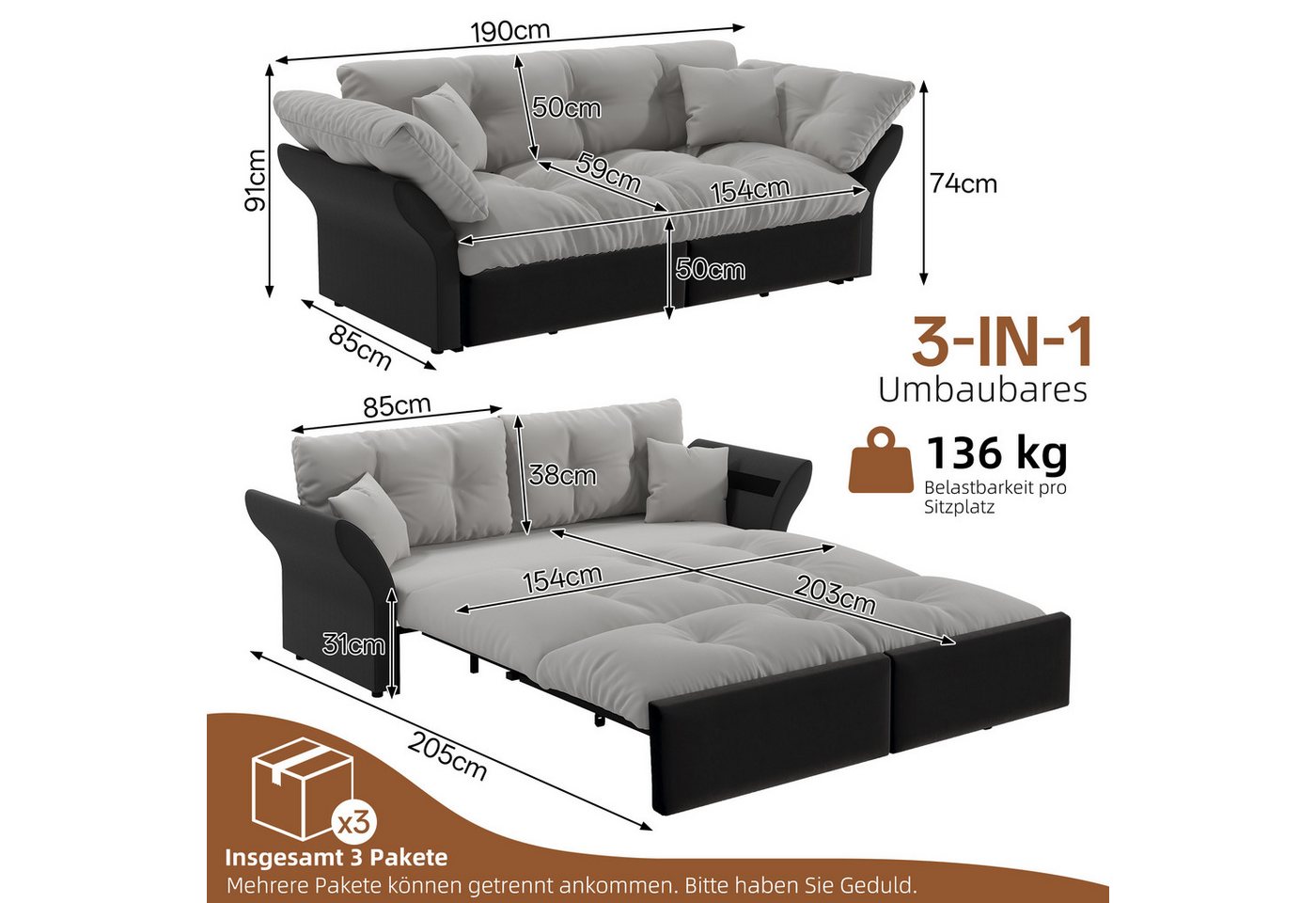 Celya Schlafsofa 203 cm ausziehbar, 3-in-1 Konvertibles, mit Tufting und 2 weichen Kissen – Bild 2 von 5