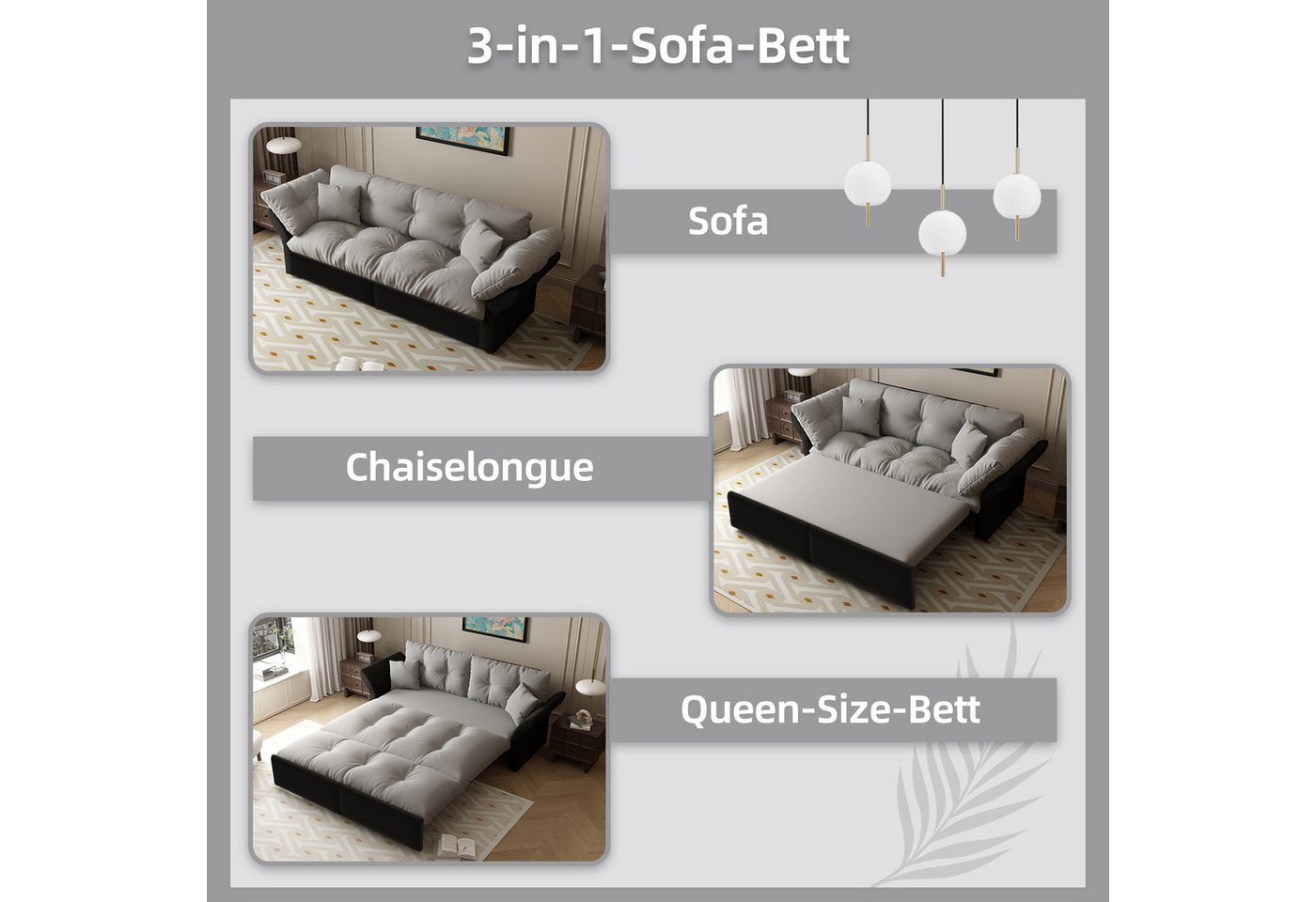 Celya Schlafsofa 203 cm ausziehbar, 3-in-1 Konvertibles, mit Tufting und 2 weichen Kissen – Bild 3 von 5