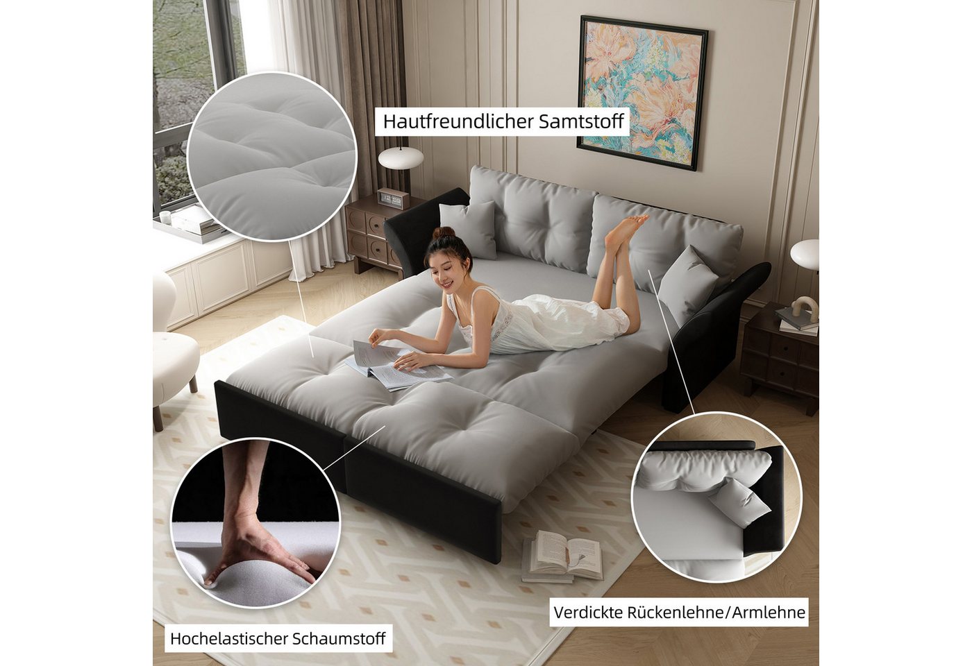Celya Schlafsofa 203 cm ausziehbar, 3-in-1 Konvertibles, mit Tufting und 2 weichen Kissen – Bild 4 von 5