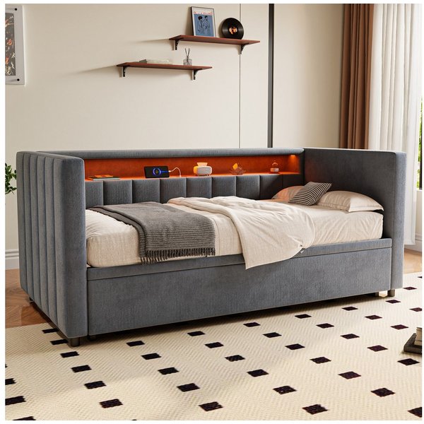 Celya Schlafsofa Multifunktionales mit ausziehbarem Bett, ohne Matratze mit USB-Type-C-Anschluss, LED-Ambiente und Stauraum, für Wohnzimmer, Gästezimmer oder Ju