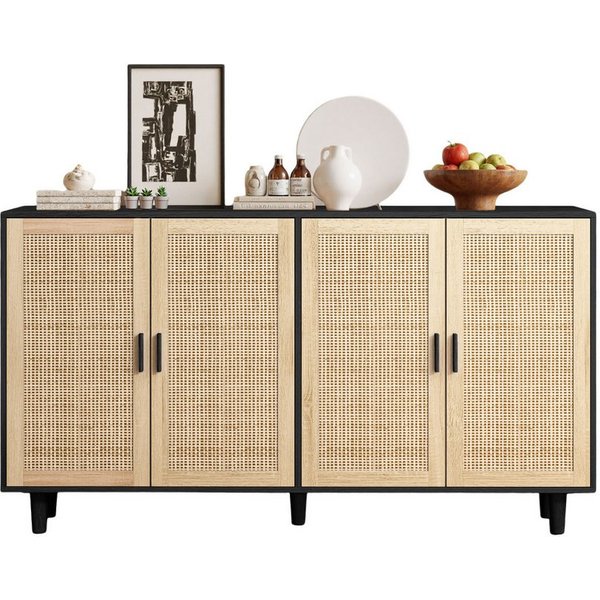 Celya Sideboard 158CM Sideboard Schlafzimmer, Rattanschrank, Aufbewahrungsschrank (Einfache Montage, Schwarz), Eleganter und funktioneller 4-türiger Rattan Schr