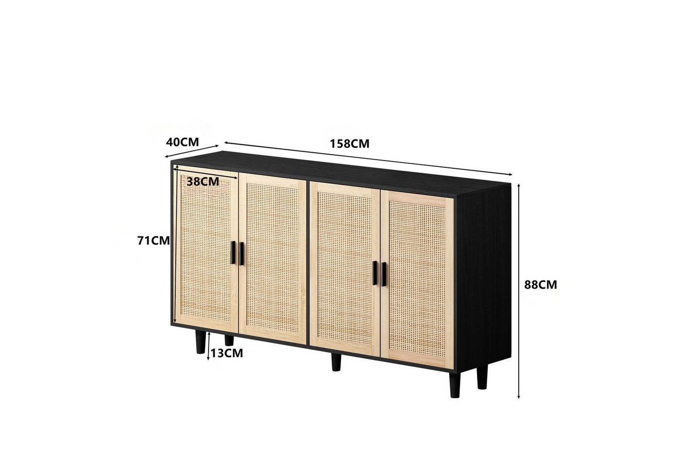 Celya Sideboard 158CM Sideboard Schlafzimmer, Rattanschrank, Aufbewahrungsschrank (Einfache Montage, Schwarz), Eleganter und funktioneller 4-türiger Rattan Schr – Bild 2 von 5