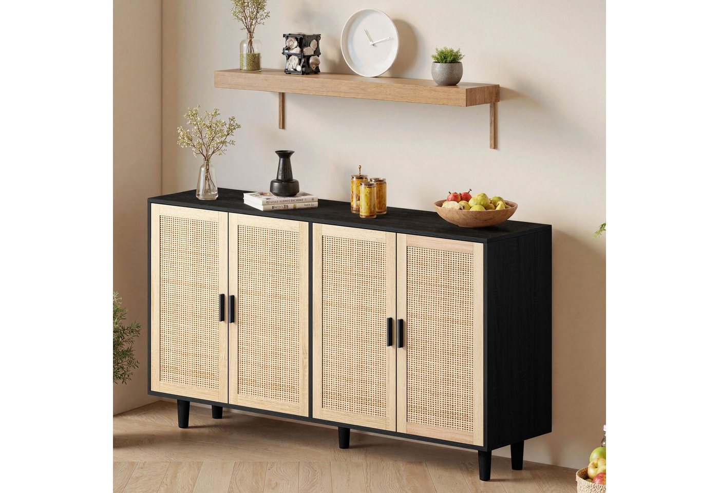 Celya Sideboard 158CM Sideboard Schlafzimmer, Rattanschrank, Aufbewahrungsschrank (Einfache Montage, Schwarz), Eleganter und funktioneller 4-türiger Rattan Schr – Bild 3 von 5