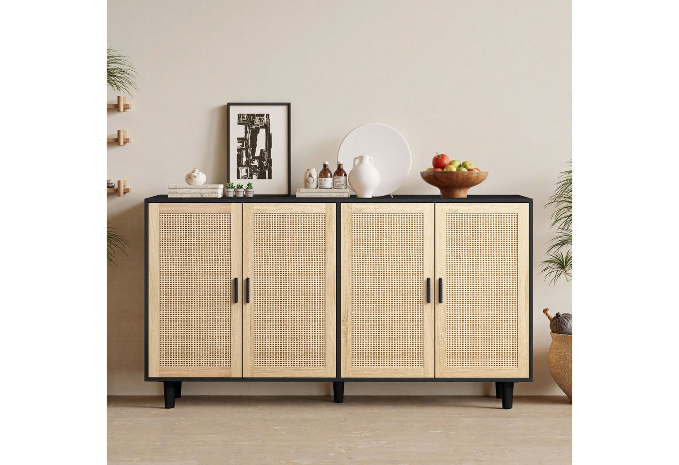 Celya Sideboard 158CM Sideboard Schlafzimmer, Rattanschrank, Aufbewahrungsschrank (Einfache Montage, Schwarz), Eleganter und funktioneller 4-türiger Rattan Schr – Bild 4 von 5