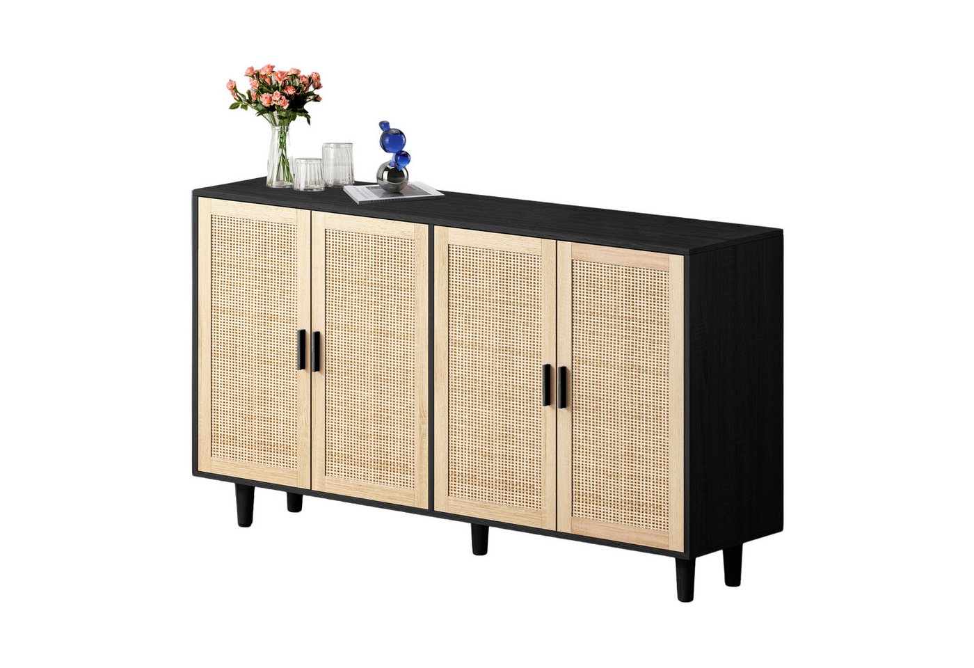 Celya Sideboard 158CM Sideboard Schlafzimmer, Rattanschrank, Aufbewahrungsschrank (Einfache Montage, Schwarz), Eleganter und funktioneller 4-türiger Rattan Schr – Bild 5 von 5