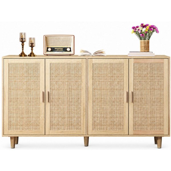 Celya Sideboard 158CM Sideboard Schlafzimmer, Rattanschrank, Aufbewahrungsschrank (Einfache Montage, Natürlich), Eleganter und funktioneller 4-türiger Rattan Sc