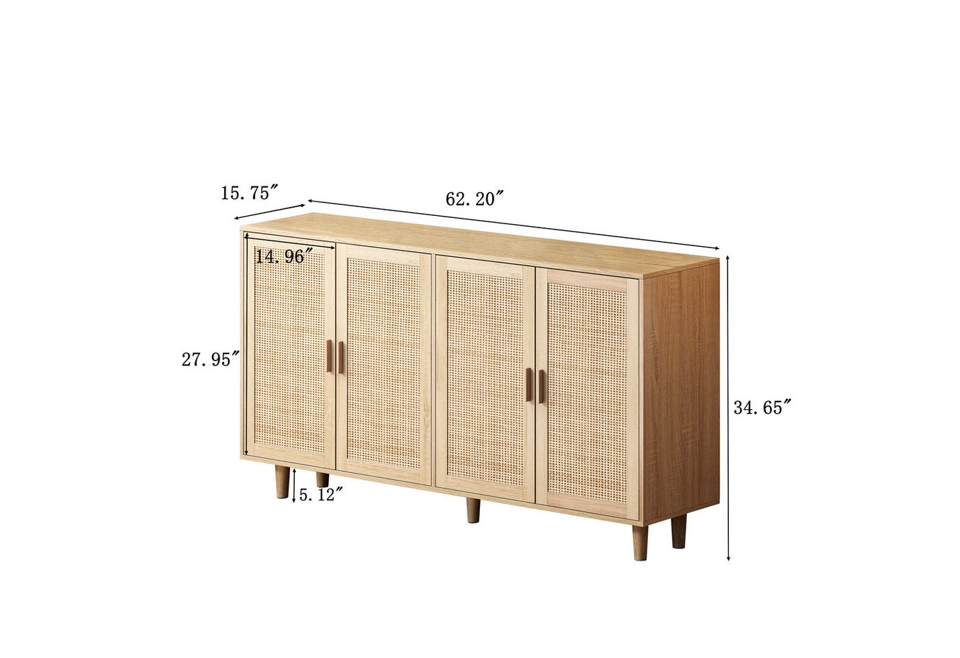 Celya Sideboard 158CM Sideboard Schlafzimmer, Rattanschrank, Aufbewahrungsschrank (Einfache Montage, Natürlich), Eleganter und funktioneller 4-türiger Rattan Sc – Bild 2 von 5