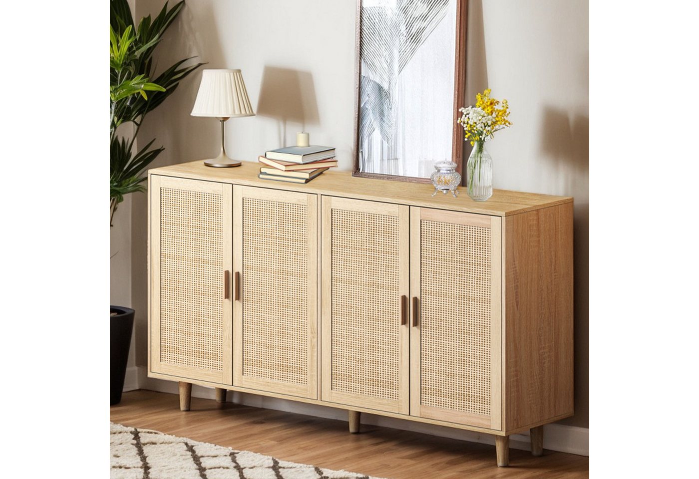 Celya Sideboard 158CM Sideboard Schlafzimmer, Rattanschrank, Aufbewahrungsschrank (Einfache Montage, Natürlich), Eleganter und funktioneller 4-türiger Rattan Sc – Bild 3 von 5
