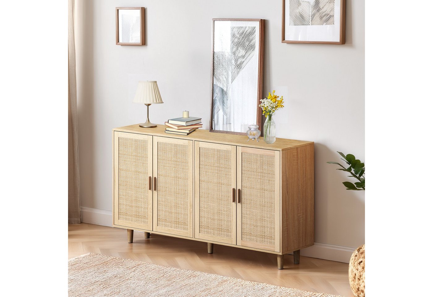 Celya Sideboard 158CM Sideboard Schlafzimmer, Rattanschrank, Aufbewahrungsschrank (Einfache Montage, Natürlich), Eleganter und funktioneller 4-türiger Rattan Sc – Bild 4 von 5