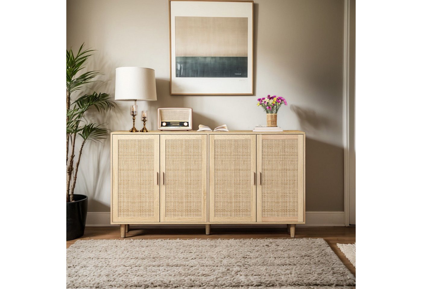 Celya Sideboard 158CM Sideboard Schlafzimmer, Rattanschrank, Aufbewahrungsschrank (Einfache Montage, Natürlich), Eleganter und funktioneller 4-türiger Rattan Sc – Bild 5 von 5