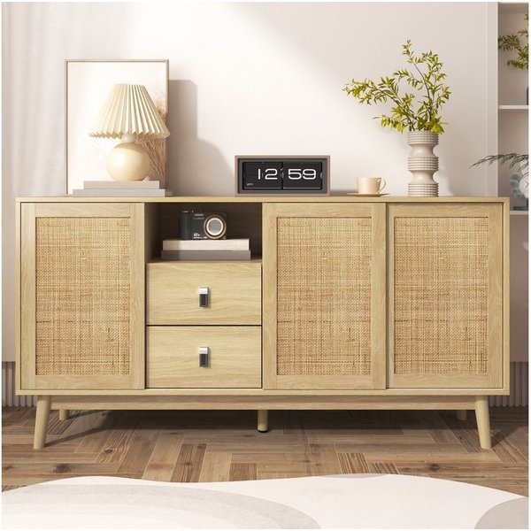 Celya Sideboard Kombikommode mit 3 Schiebetüren aus echtem Rattan und 2 Schubladen, 155x38x80 cm, atmungsaktiv, stabil und vielseitig