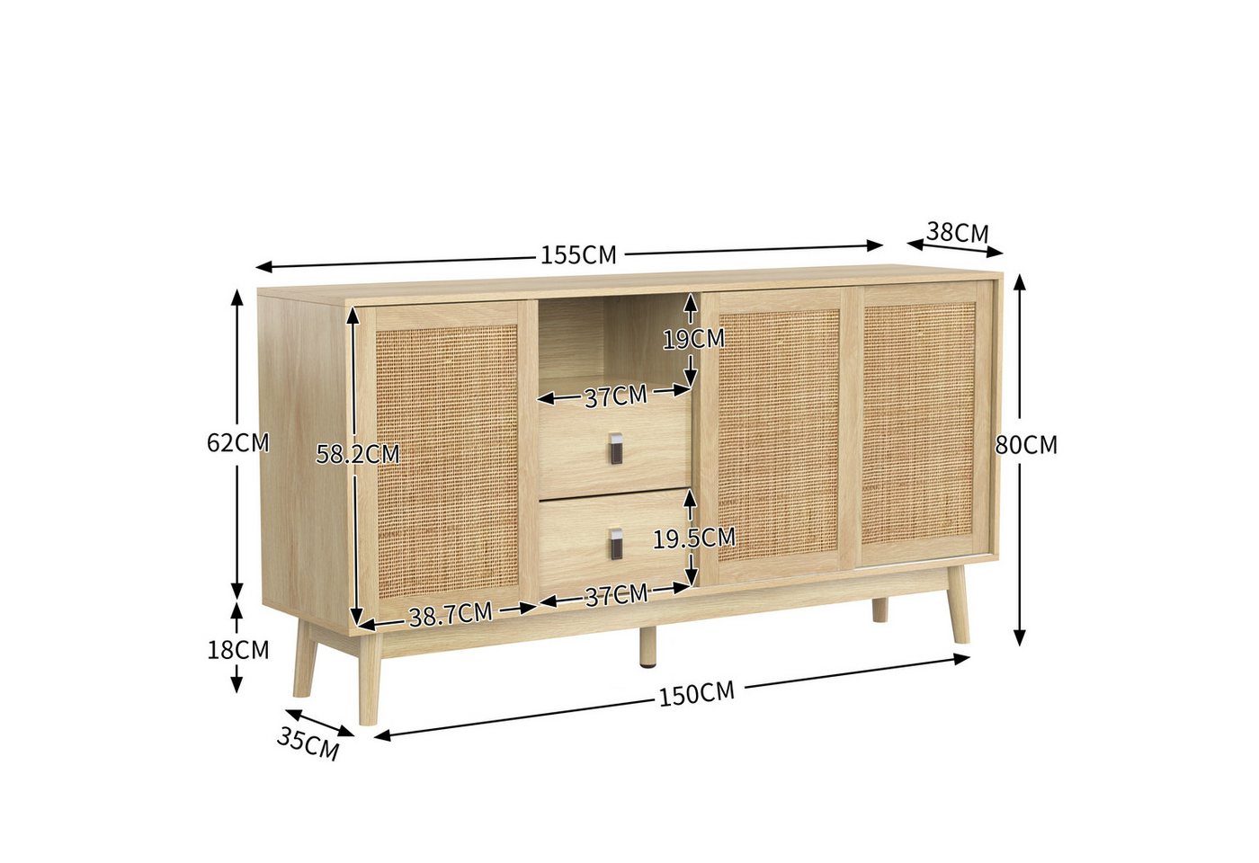 Celya Sideboard Kombikommode mit 3 Schiebetüren aus echtem Rattan und 2 Schubladen, 155x38x80 cm, atmungsaktiv, stabil und vielseitig – Bild 2 von 5